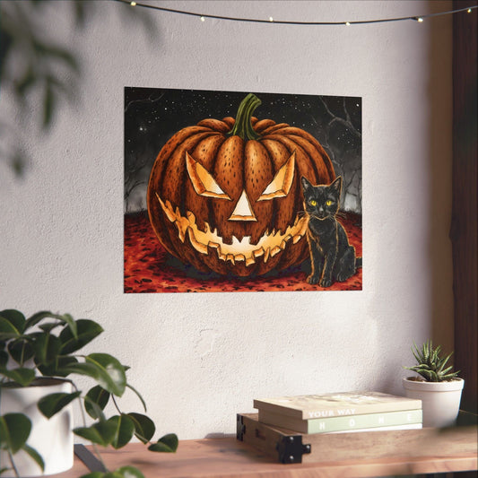 Printify Poster 20″ x 16″ / Matte Spooky Halloween Pumpkin & Cat Wall Art Poster - Vintage-Inspired Autumn Decor for Home