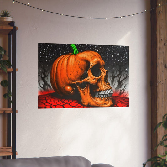 Printify Poster 36″ x 24″ / Matte Spooky Halloween Art Print: Gothic Skull & Pumpkin Matte Poster for Seasonal Home Decor