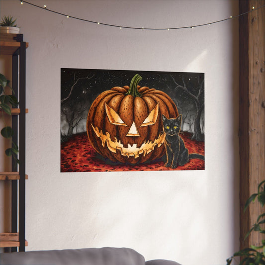 Printify Poster 36″ x 24″ / Matte Spooky Halloween Pumpkin & Cat Wall Art Poster - Vintage-Inspired Autumn Decor for Home