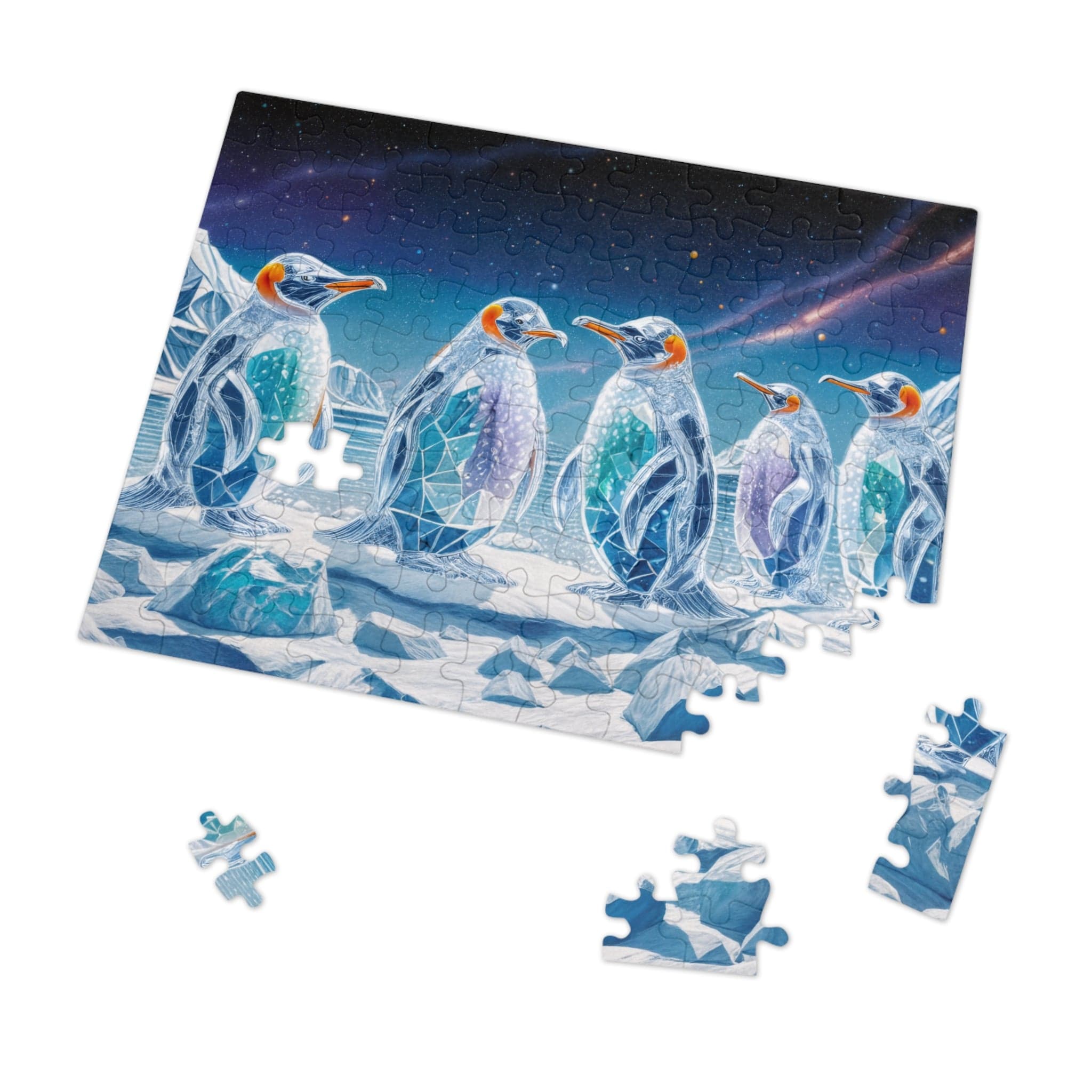 Printify Puzzle 10" × 8" (110 pcs) Crystal Penguins  - Jigsaw Puzzle with Tin Box