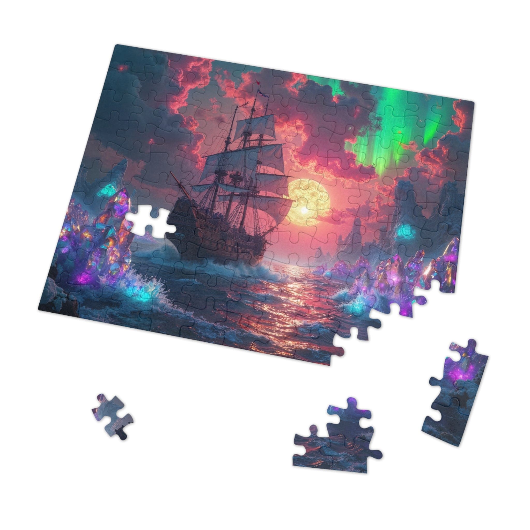 Printify Puzzle 10" × 8" (110 pcs) Crystal Shores Ship Sails at Sunset - Jigsaw Puzzle with Tin Box
