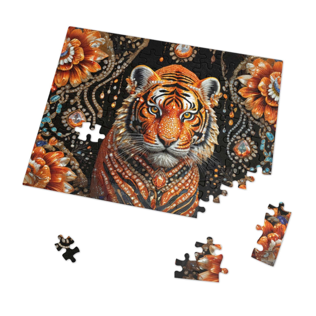Printify Puzzle 10" × 8" (110 pcs) Gem Flower Tiger  - Jigsaw Puzzle with Tin Box