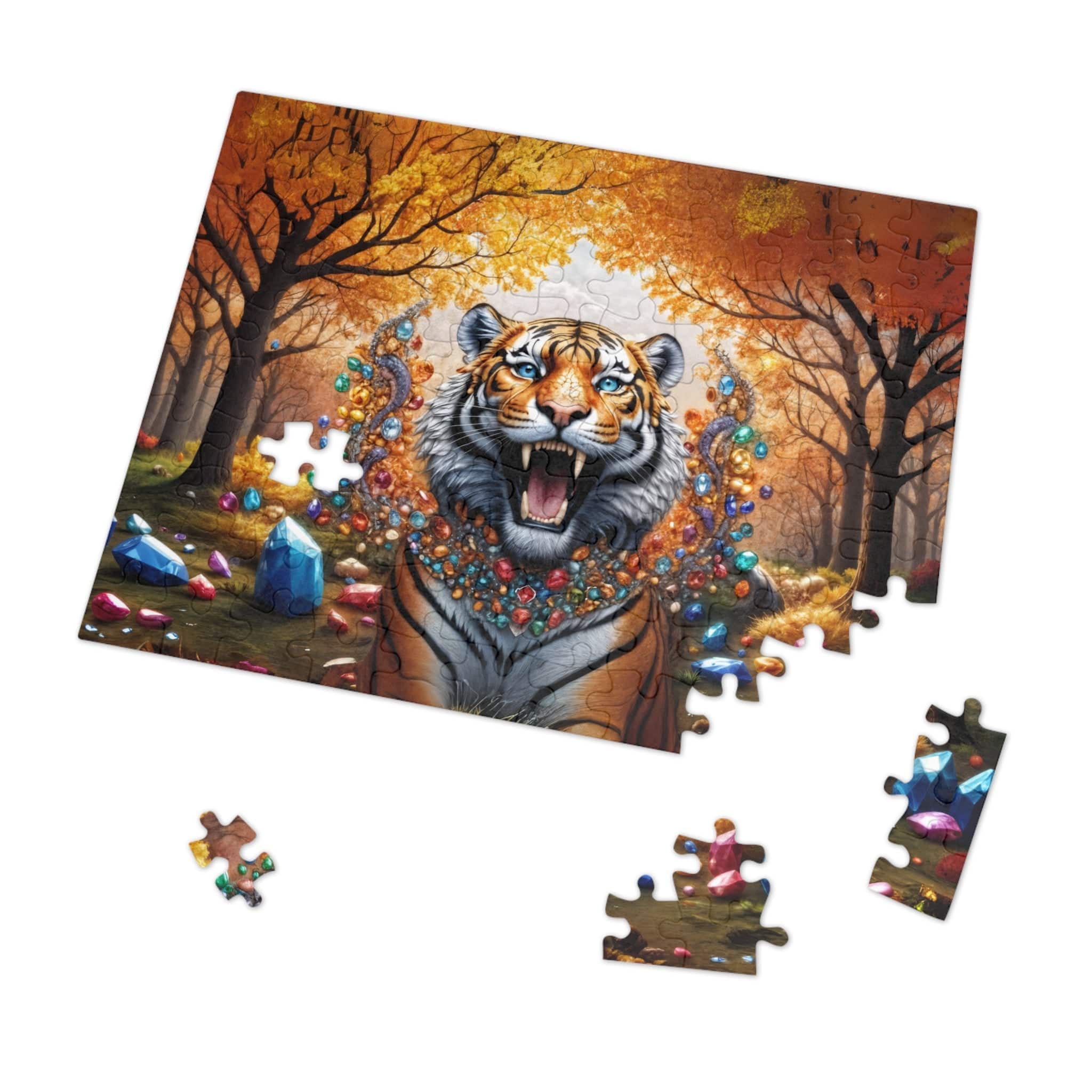 Printify Puzzle 10" × 8" (110 pcs) Gem Forest Tiger  - Jigsaw Puzzle with Tin Box