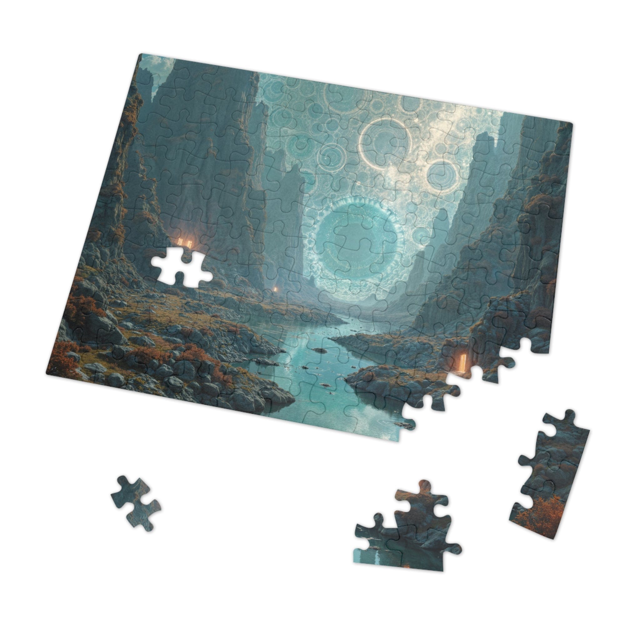 Printify Puzzle 10" × 8" (110 pcs) The Enigma of the Impossible Realm  - Jigsaw Puzzle with Tin Box