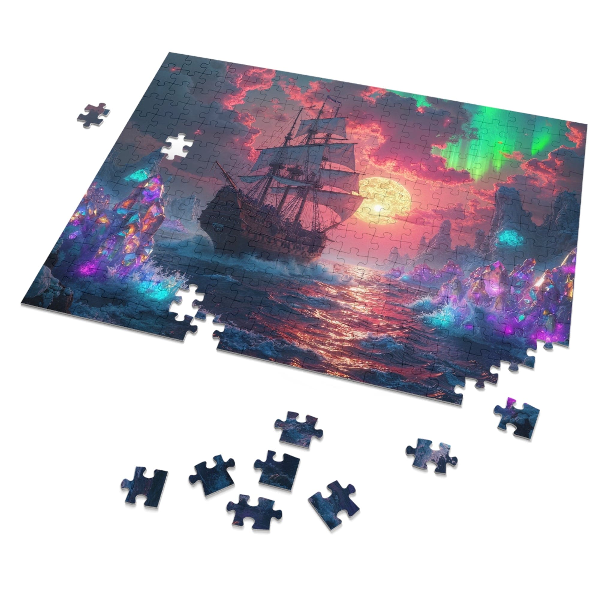 Printify Puzzle 14" × 11" (252 pcs) Crystal Shores Ship Sails at Sunset - Jigsaw Puzzle with Tin Box
