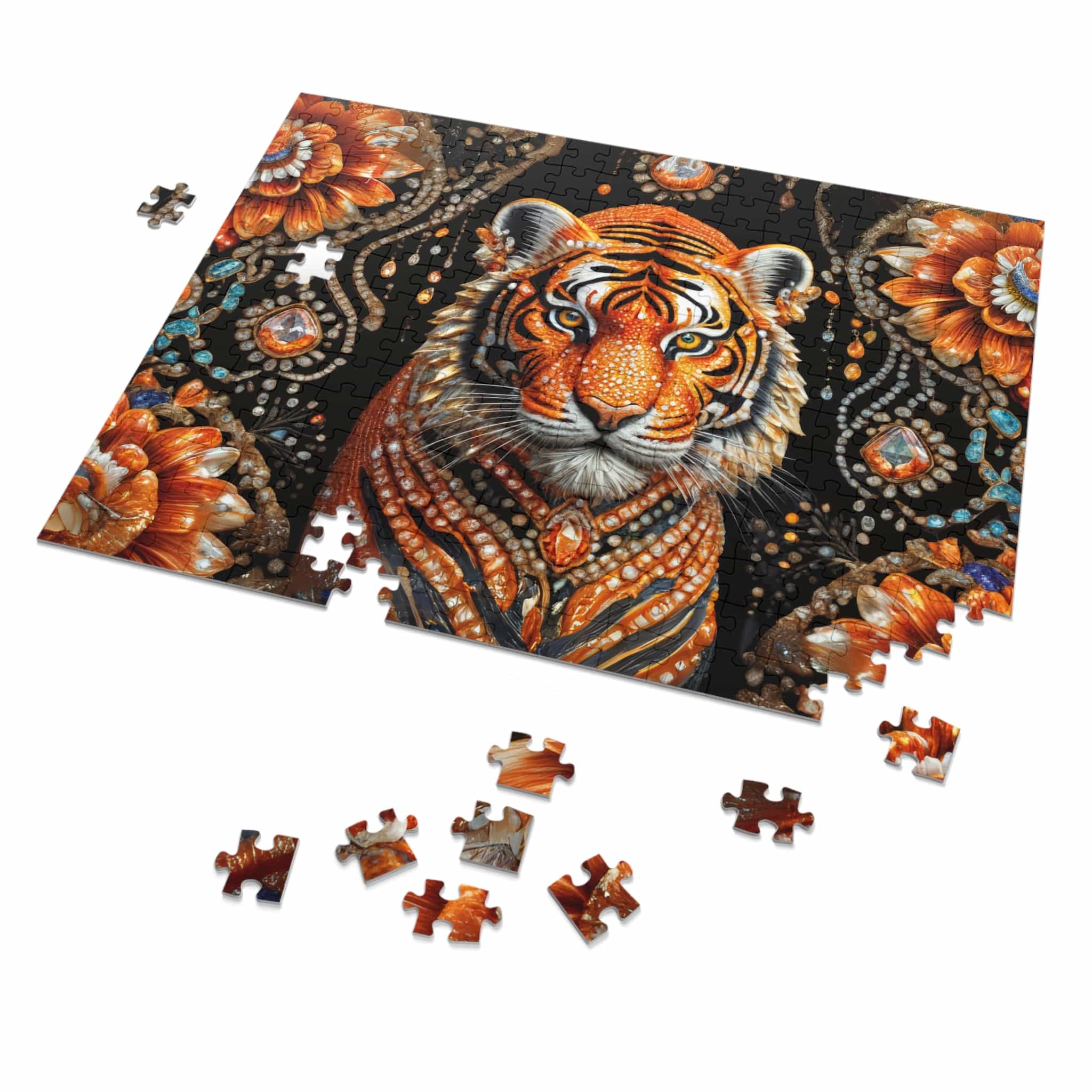 Printify Puzzle 14" × 11" (252 pcs) Gem Flower Tiger  - Jigsaw Puzzle with Tin Box