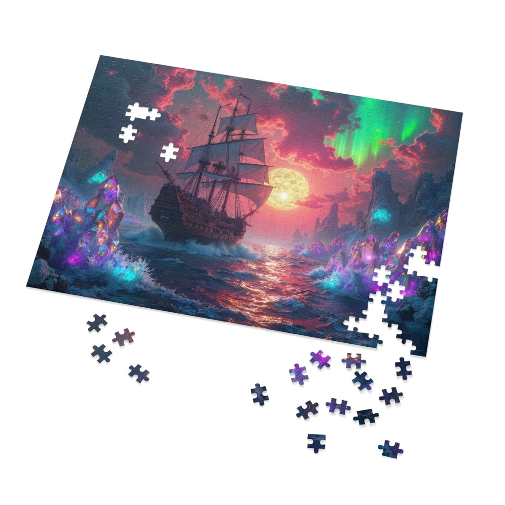 Printify Puzzle 21" × 15.5" (500 pcs) Crystal Shores Ship Sails at Sunset - Jigsaw Puzzle with Tin Box