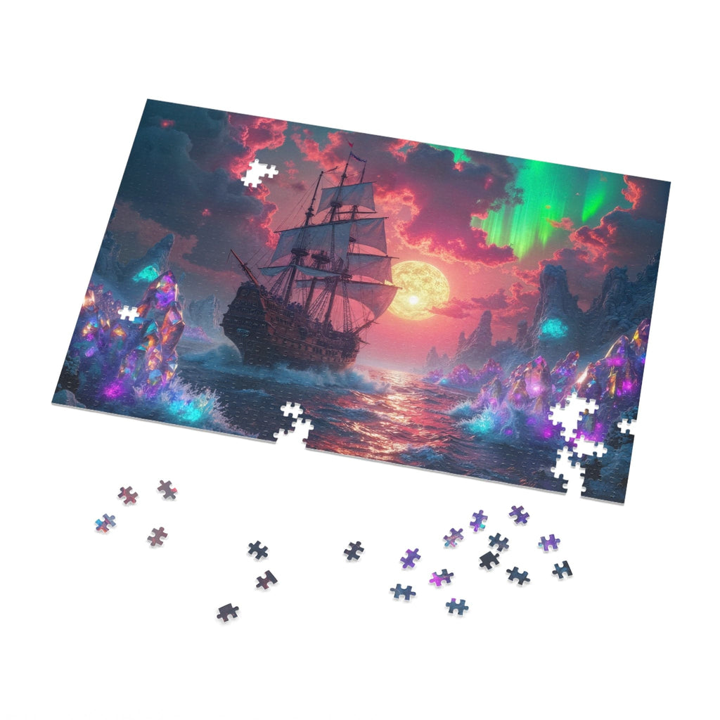 Printify Puzzle 30" × 20" (1000 pcs) Crystal Shores Ship Sails at Sunset - Jigsaw Puzzle with Tin Box