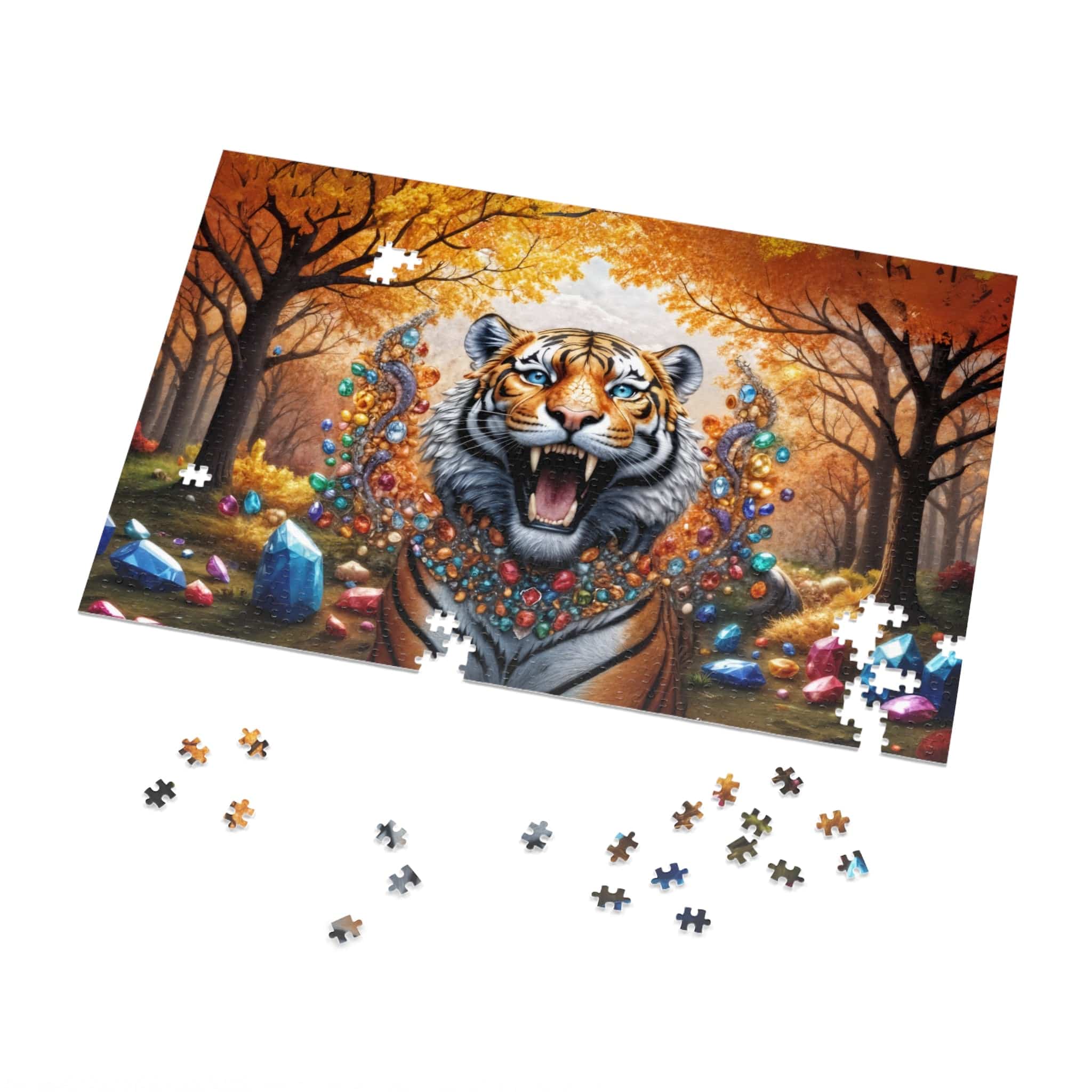 Printify Puzzle 30" × 20" (1000 pcs) Gem Forest Tiger  - Jigsaw Puzzle with Tin Box