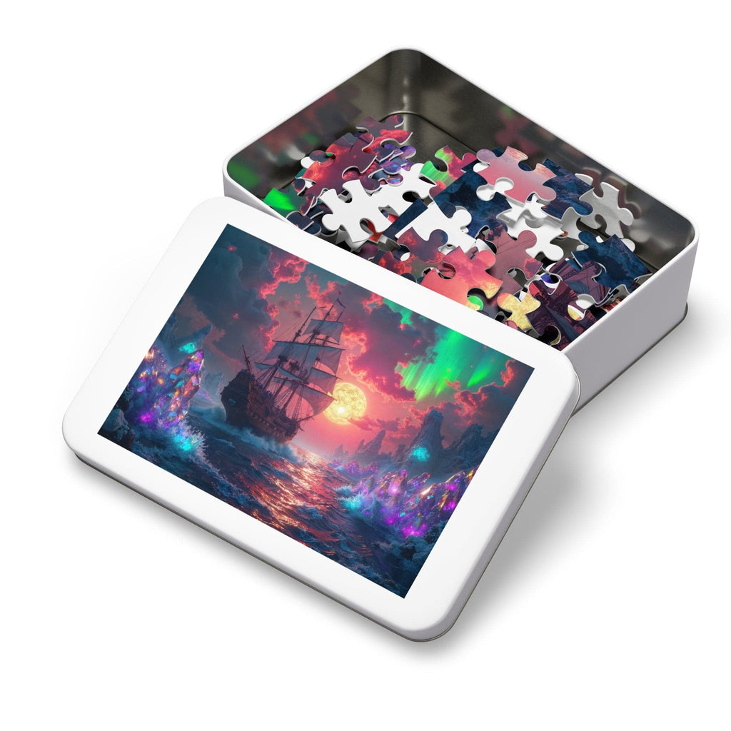 Printify Puzzle Crystal Shores Ship Sails at Sunset - Jigsaw Puzzle with Tin Box