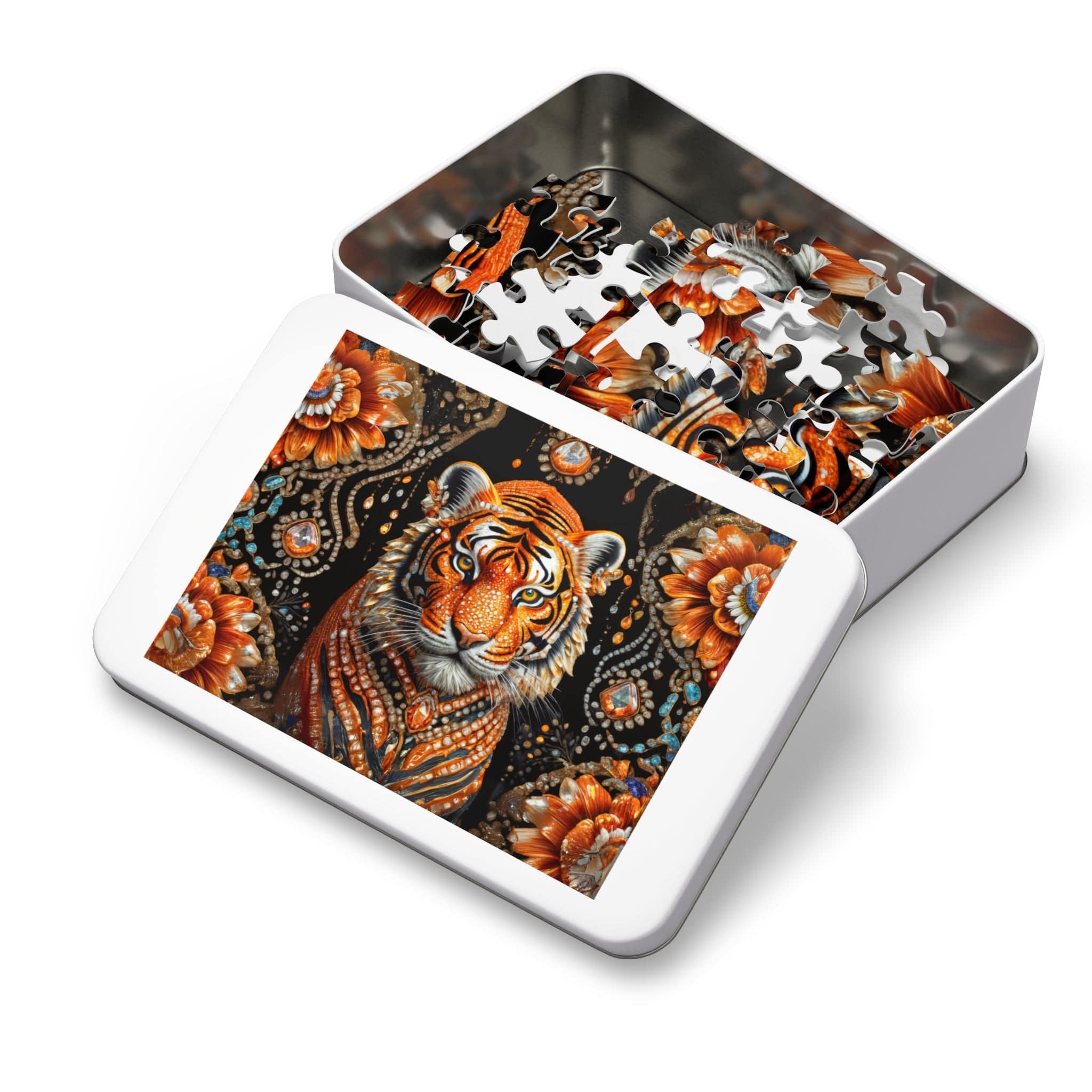 Printify Puzzle Gem Flower Tiger  - Jigsaw Puzzle with Tin Box