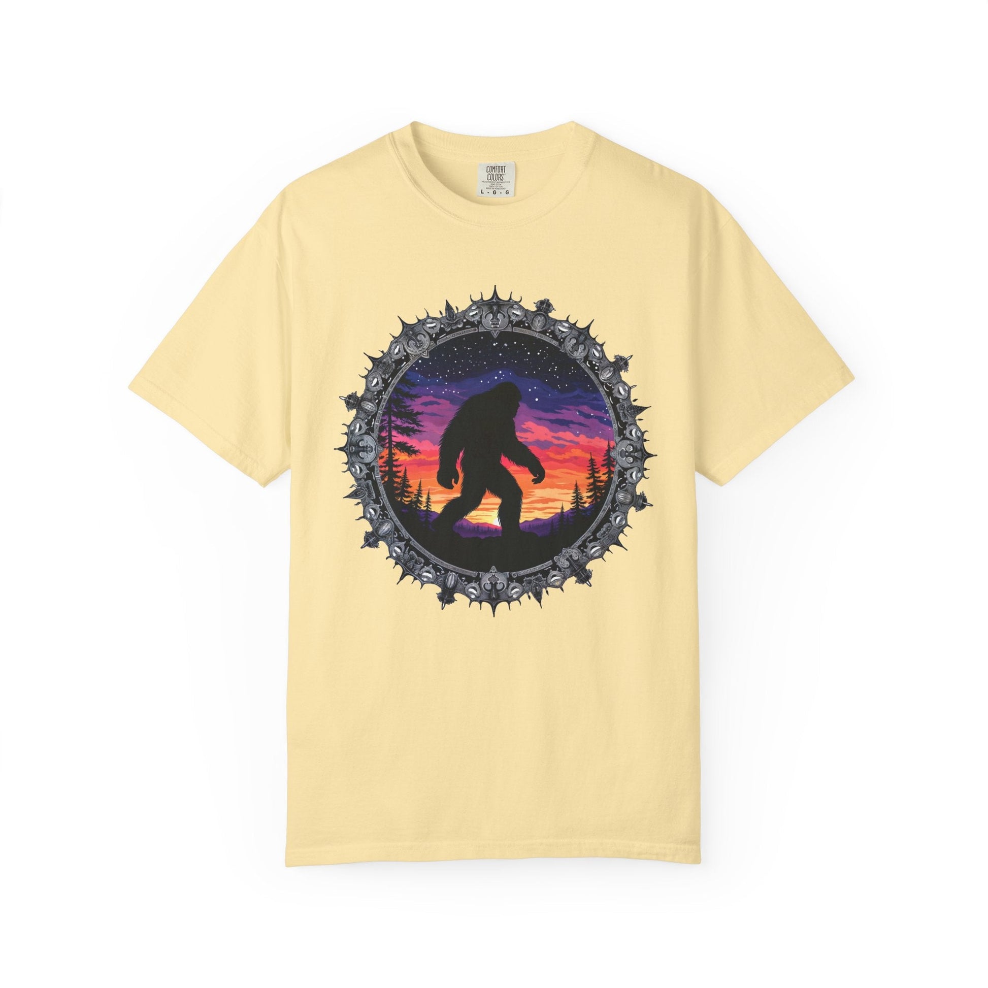 Printify T-Shirt Banana / S Bigfoot Sunset Unisex T-Shirt, Nature Lover Shirt, Camping Tee, Outdoor Adventure Top, Gift for Him/Her, Unique Graphic Tee