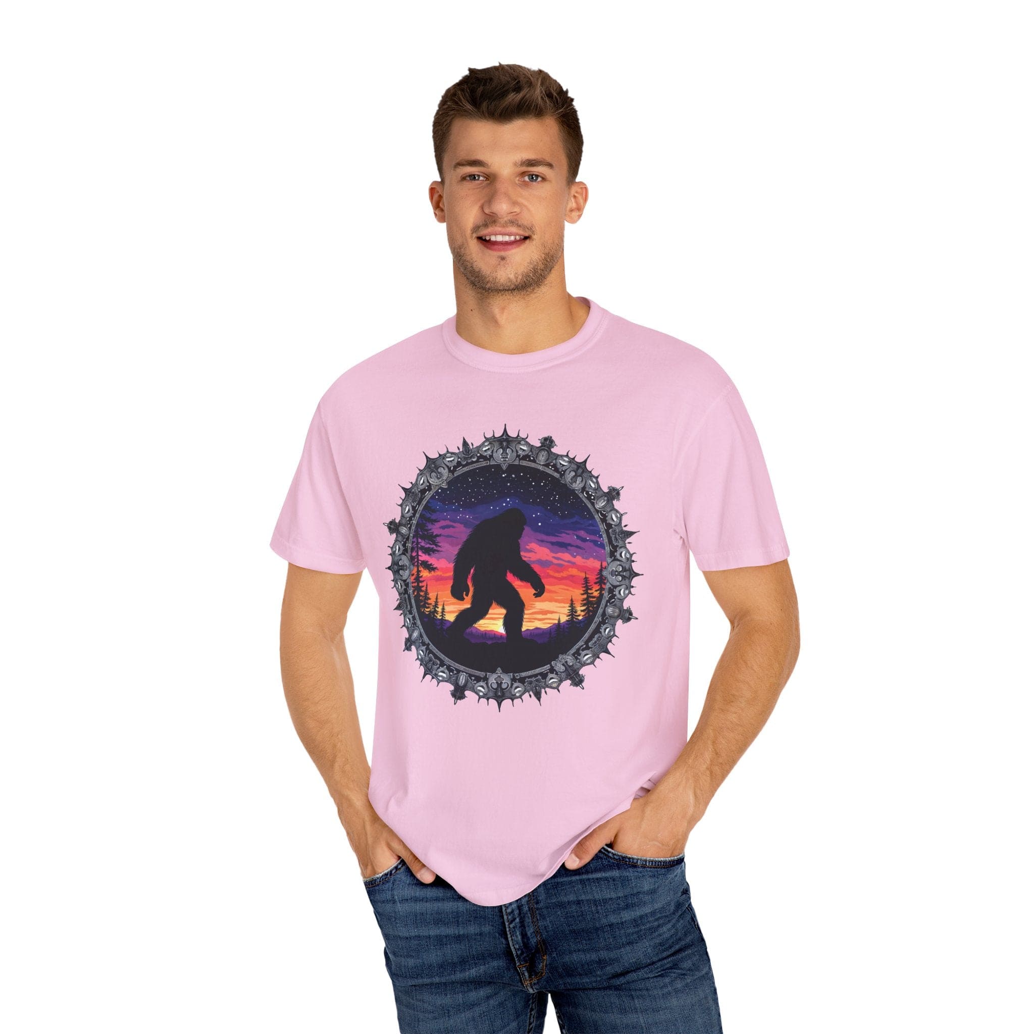 Printify T-Shirt Bigfoot Sunset Unisex T-Shirt, Nature Lover Shirt, Camping Tee, Outdoor Adventure Top, Gift for Him/Her, Unique Graphic Tee