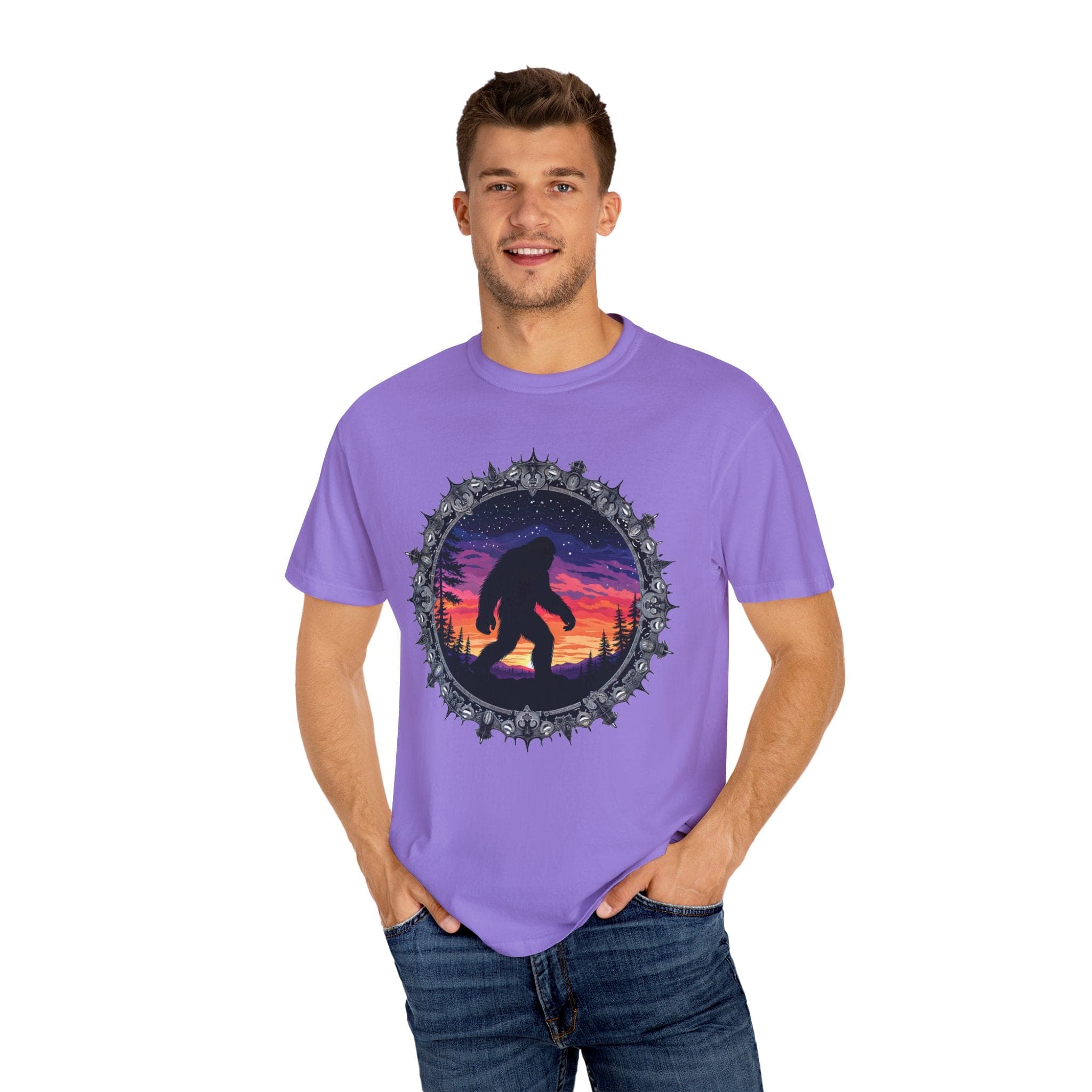 Printify T-Shirt Bigfoot Sunset Unisex T-Shirt, Nature Lover Shirt, Camping Tee, Outdoor Adventure Top, Gift for Him/Her, Unique Graphic Tee