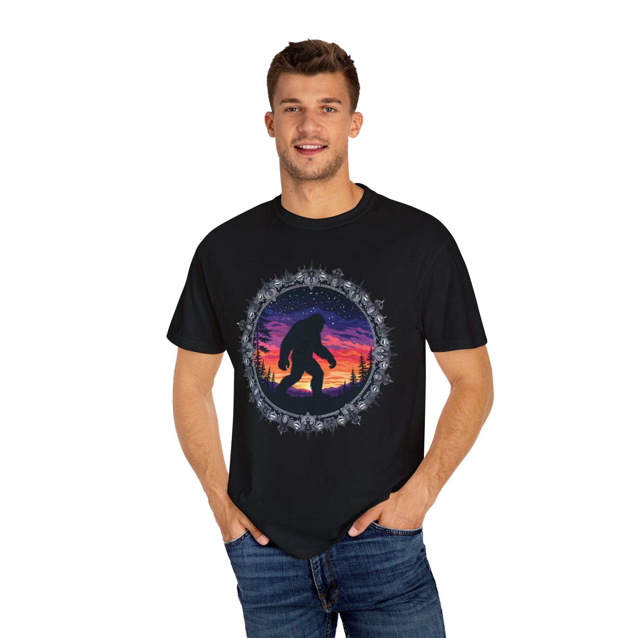 Printify T-Shirt Bigfoot Sunset Unisex T-Shirt, Nature Lover Shirt, Camping Tee, Outdoor Adventure Top, Gift for Him/Her, Unique Graphic Tee