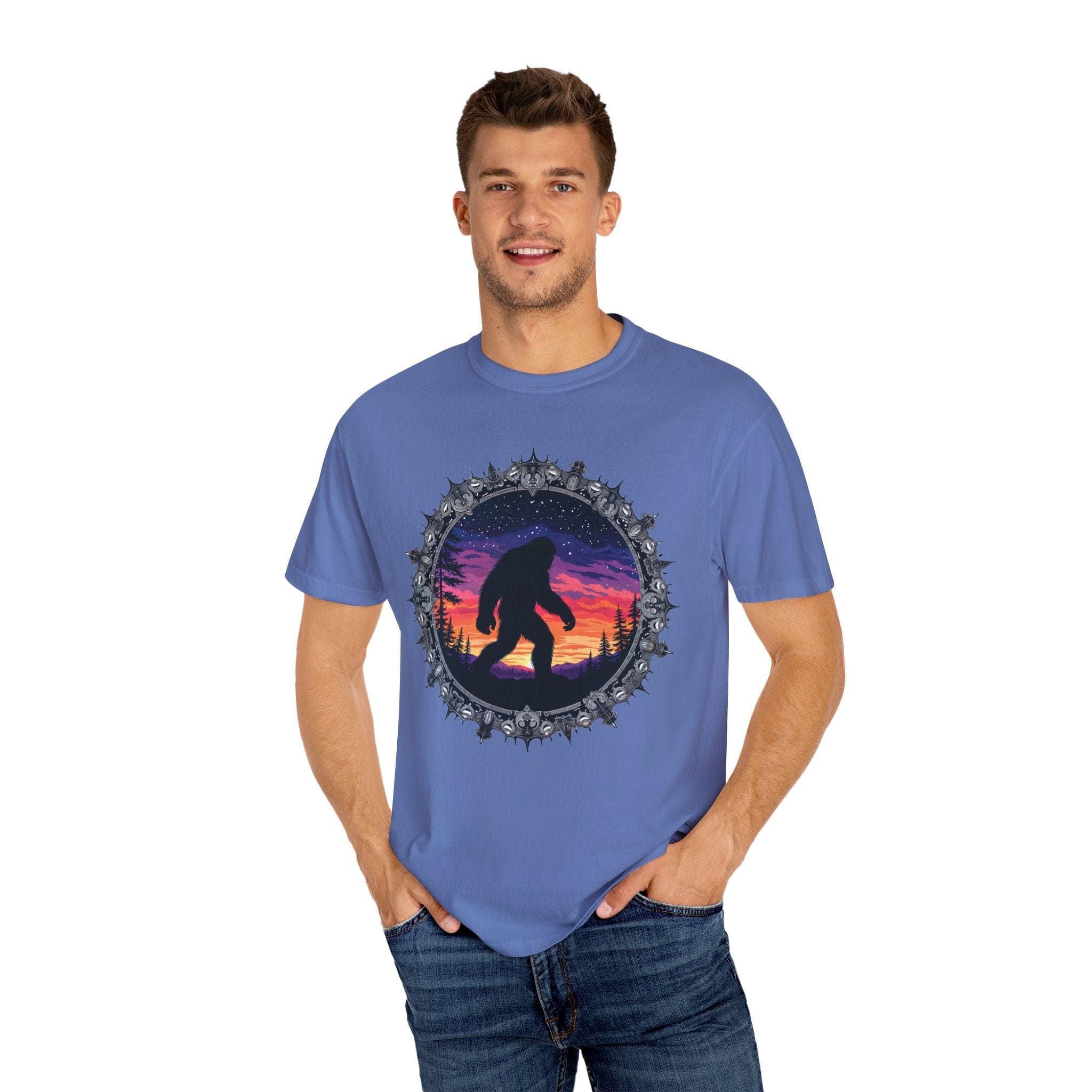 Printify T-Shirt Bigfoot Sunset Unisex T-Shirt, Nature Lover Shirt, Camping Tee, Outdoor Adventure Top, Gift for Him/Her, Unique Graphic Tee