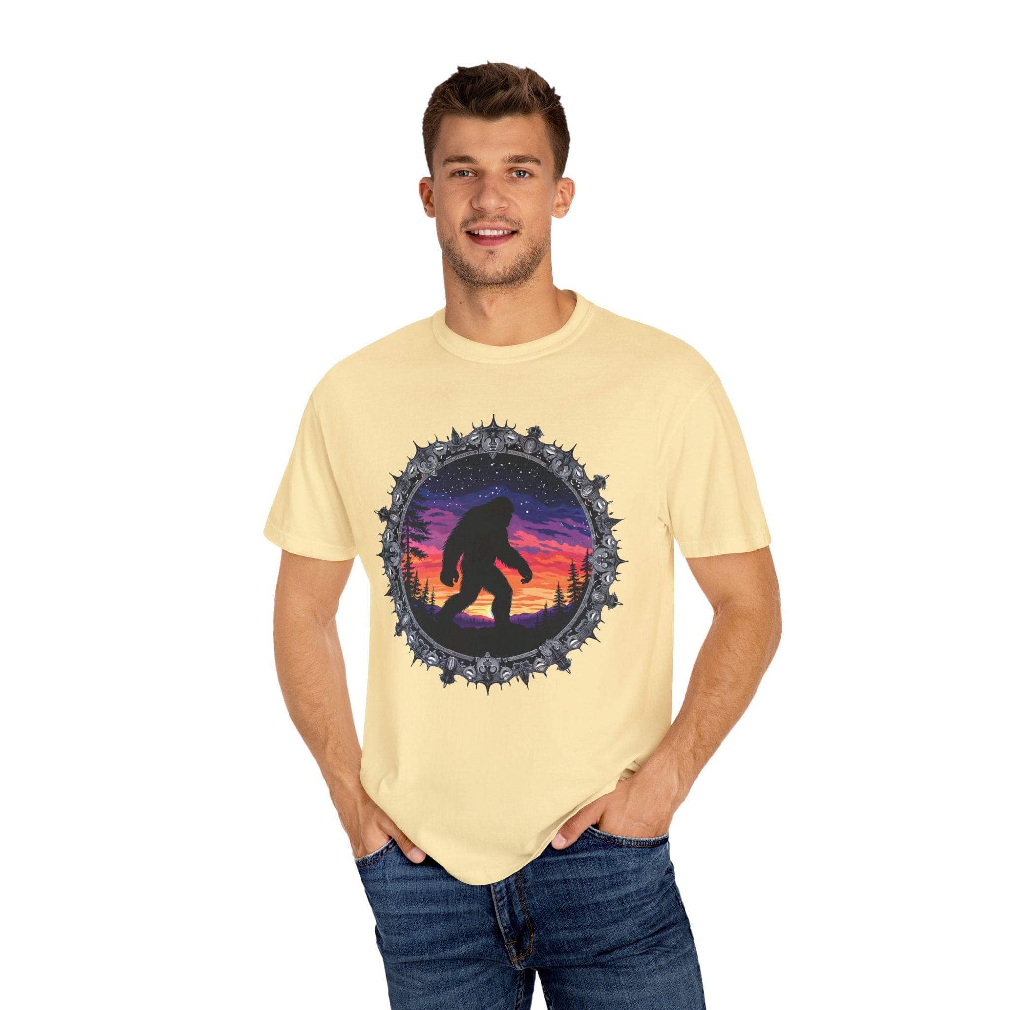 Printify T-Shirt Bigfoot Sunset Unisex T-Shirt, Nature Lover Shirt, Camping Tee, Outdoor Adventure Top, Gift for Him/Her, Unique Graphic Tee