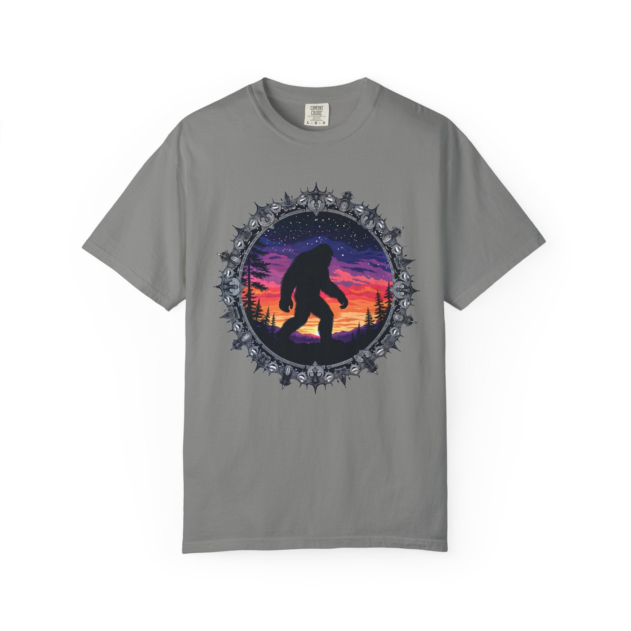 Printify T-Shirt Granite / S Bigfoot Sunset Unisex T-Shirt, Nature Lover Shirt, Camping Tee, Outdoor Adventure Top, Gift for Him/Her, Unique Graphic Tee