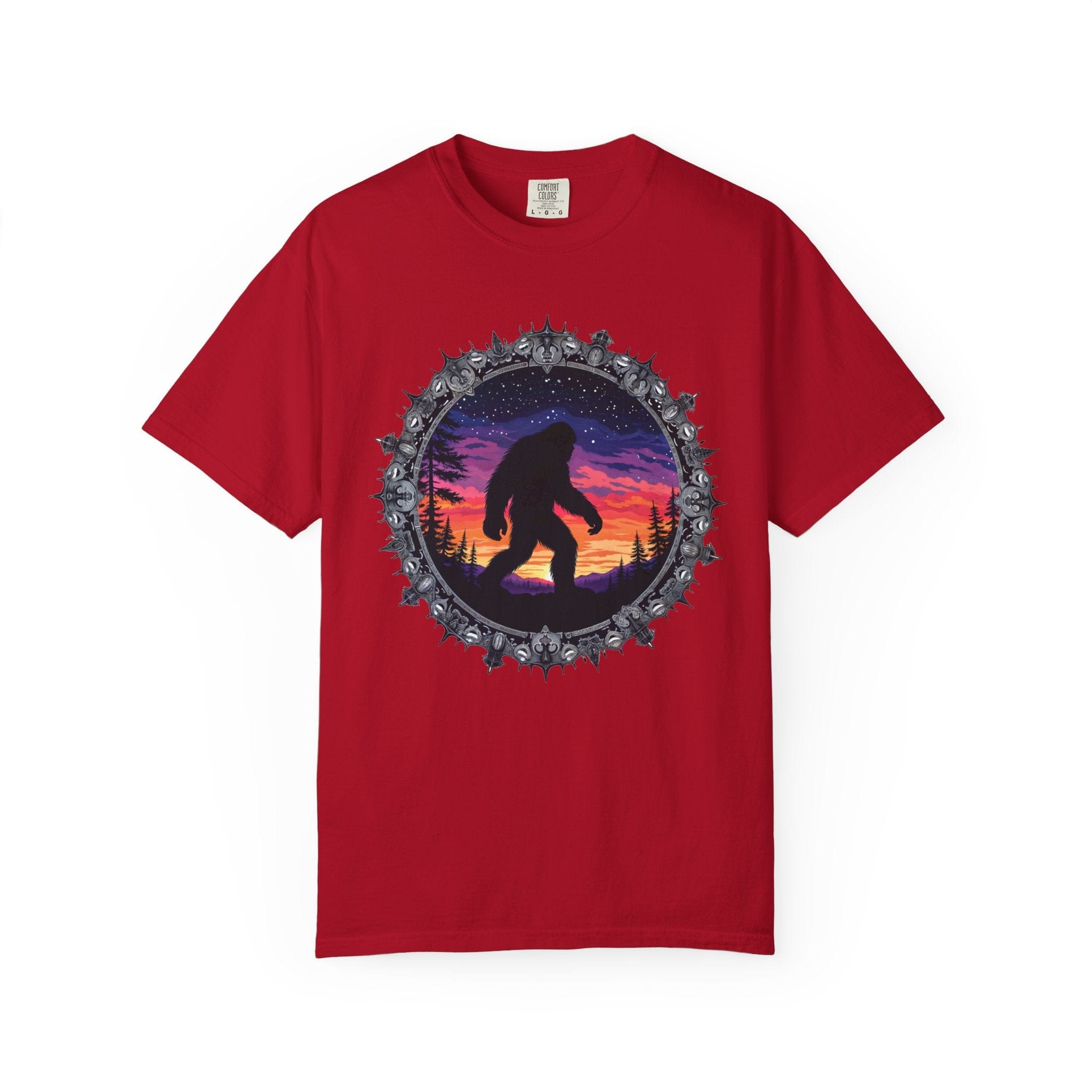 Printify T-Shirt Red / S Bigfoot Sunset Unisex T-Shirt, Nature Lover Shirt, Camping Tee, Outdoor Adventure Top, Gift for Him/Her, Unique Graphic Tee