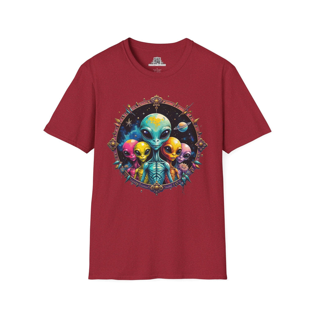 Printify T-Shirt S / Antique Cherry Red T-Shirt - Cosmic Beings Unite! Time for a Galaxy Celebration! - Alien & Space