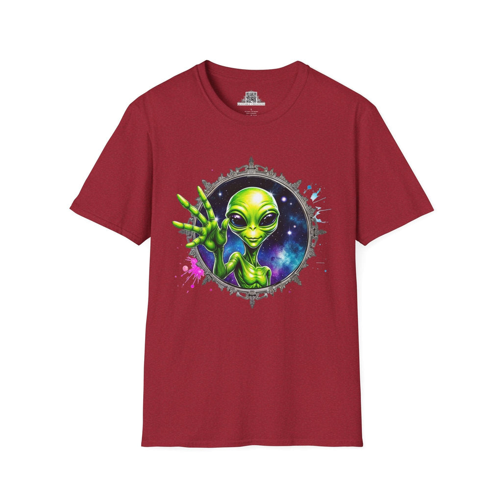 Printify T-Shirt S / Antique Cherry Red T-Shirt - We Come in Peace and Good Vibes! - Alien & Space