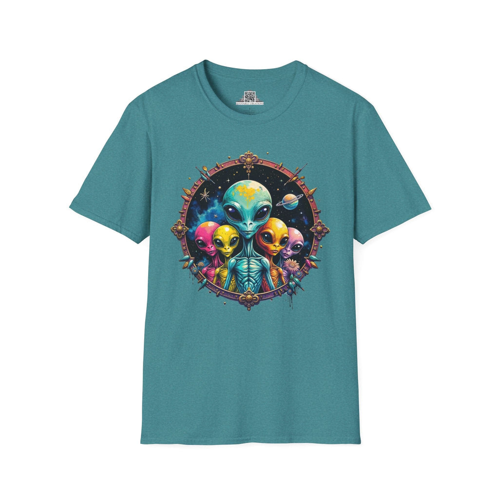 Printify T-Shirt S / Heather Galapagos Blue T-Shirt - Cosmic Beings Unite! Time for a Galaxy Celebration! - Alien & Space