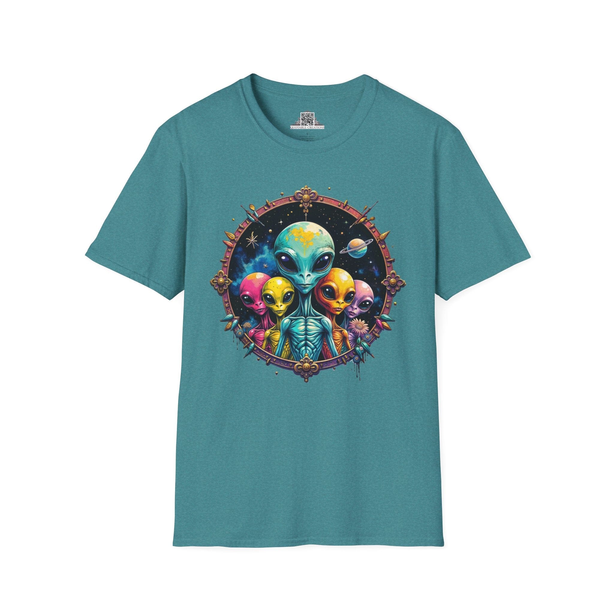 Printify T-Shirt S / Heather Galapagos Blue T-Shirt - Cosmic Beings Unite! Time for a Galaxy Celebration! - Alien & Space