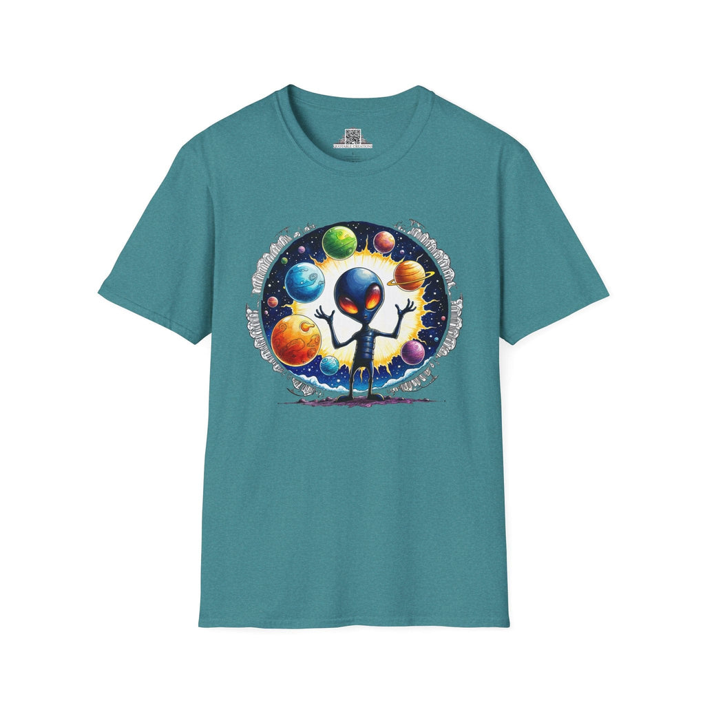 Printify T-Shirt S / Heather Galapagos Blue T-Shirt - Out of This World Fun is Just a Star Jump Away! - Alien & Space