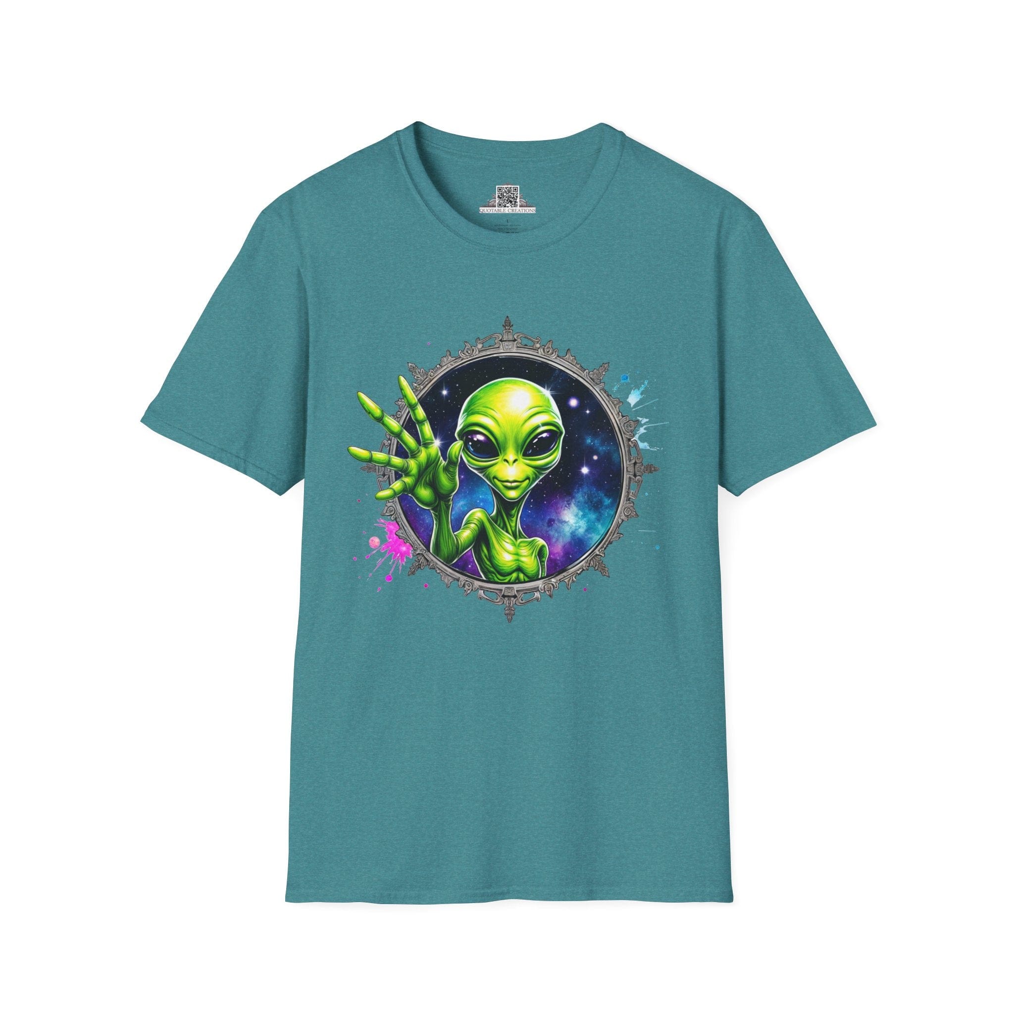 Printify T-Shirt S / Heather Galapagos Blue T-Shirt - We Come in Peace and Good Vibes! - Alien & Space
