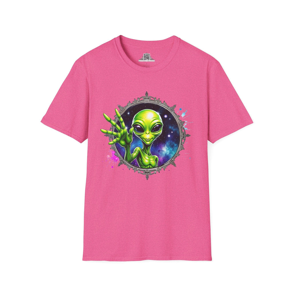 Printify T-Shirt S / Heather Heliconia T-Shirt - We Come in Peace and Good Vibes! - Alien & Space