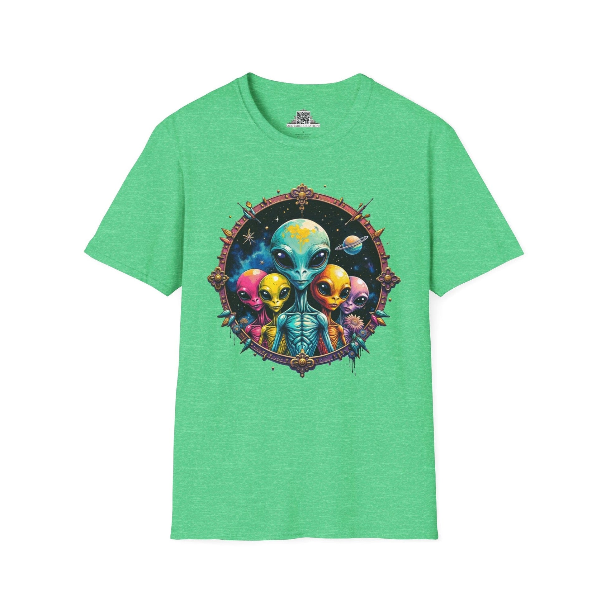 Printify T-Shirt S / Heather Irish Green T-Shirt - Cosmic Beings Unite! Time for a Galaxy Celebration! - Alien & Space