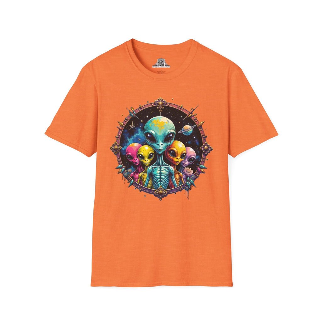 Printify T-Shirt S / Heather Orange T-Shirt - Cosmic Beings Unite! Time for a Galaxy Celebration! - Alien & Space