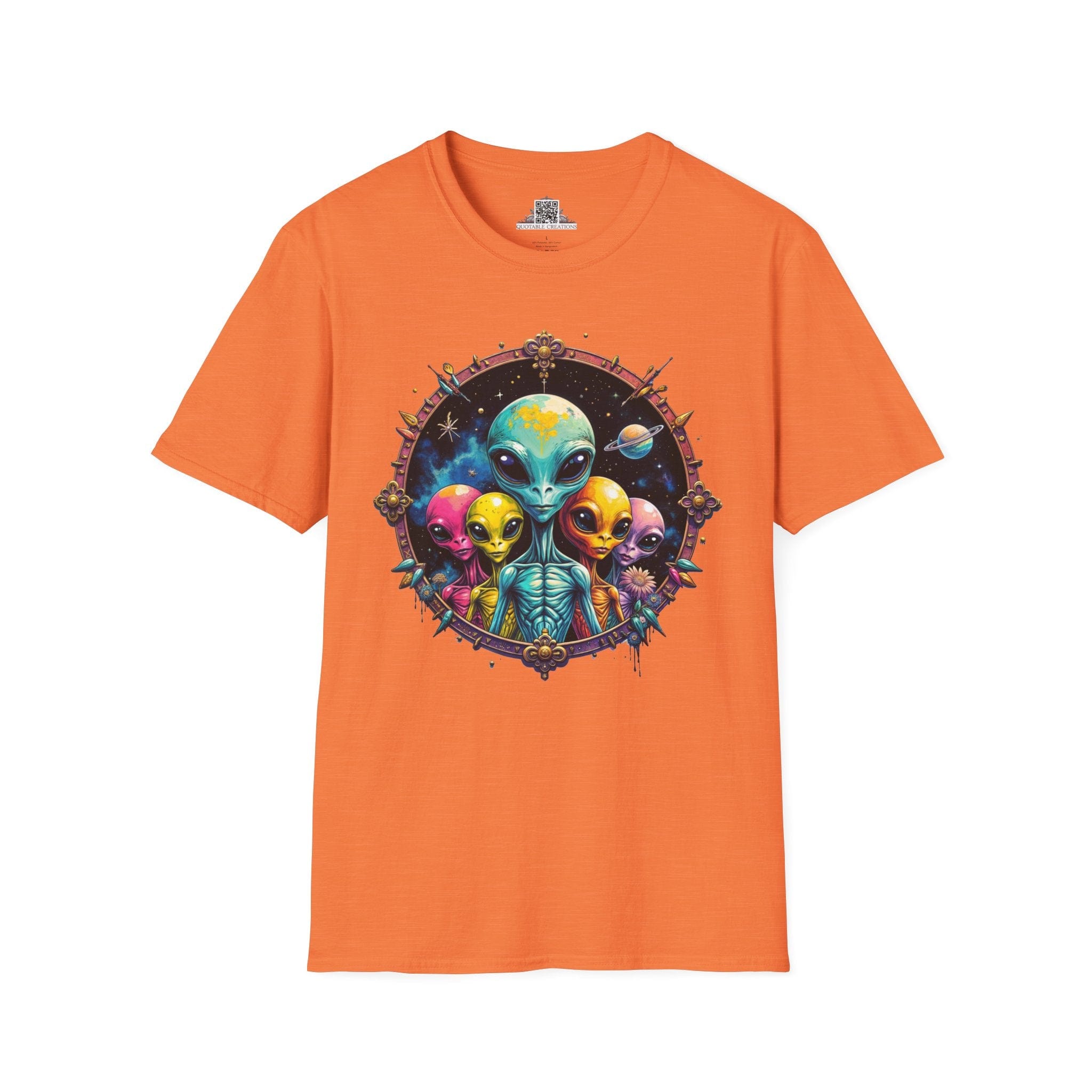 Printify T-Shirt S / Heather Orange T-Shirt - Cosmic Beings Unite! Time for a Galaxy Celebration! - Alien & Space