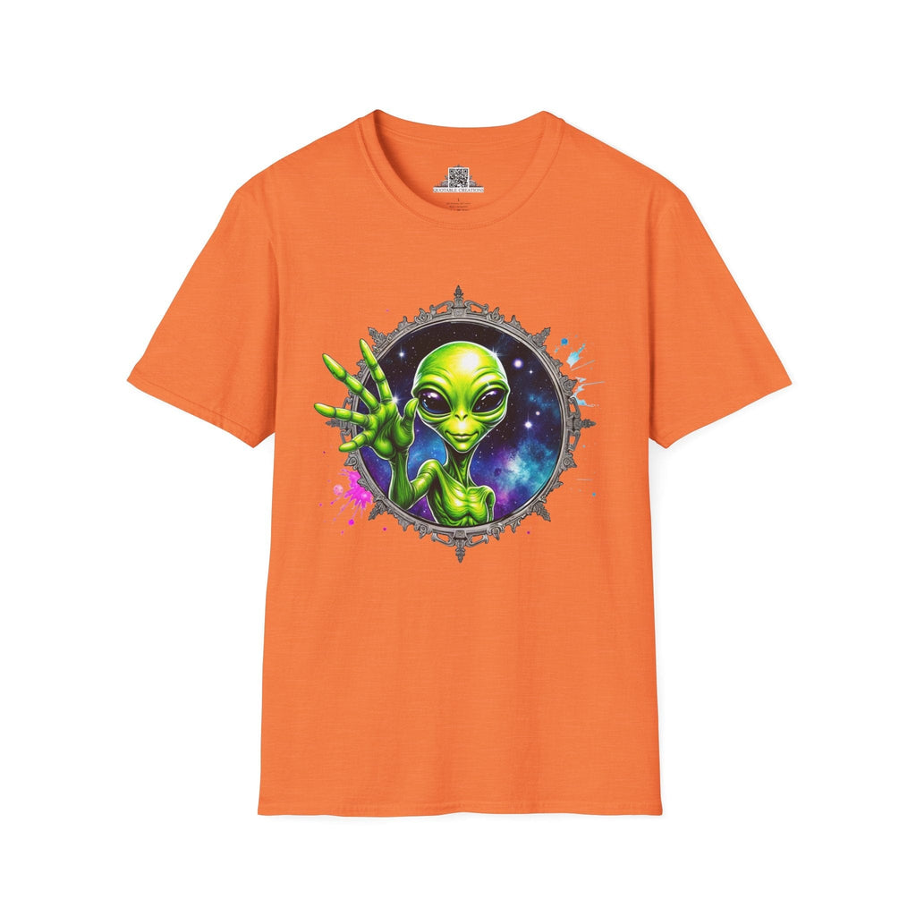 Printify T-Shirt S / Heather Orange T-Shirt - We Come in Peace and Good Vibes! - Alien & Space
