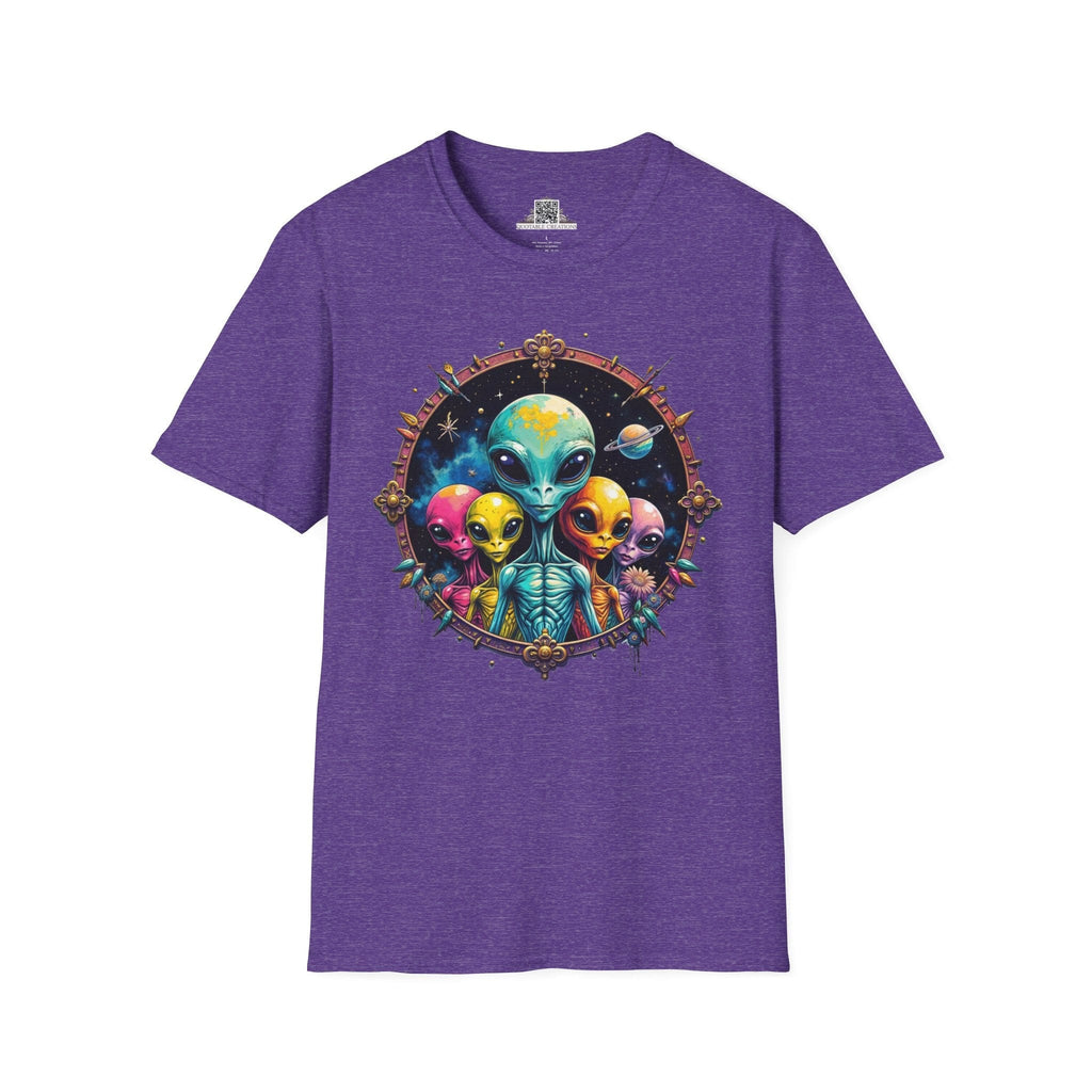 Printify T-Shirt S / Heather Purple T-Shirt - Cosmic Beings Unite! Time for a Galaxy Celebration! - Alien & Space
