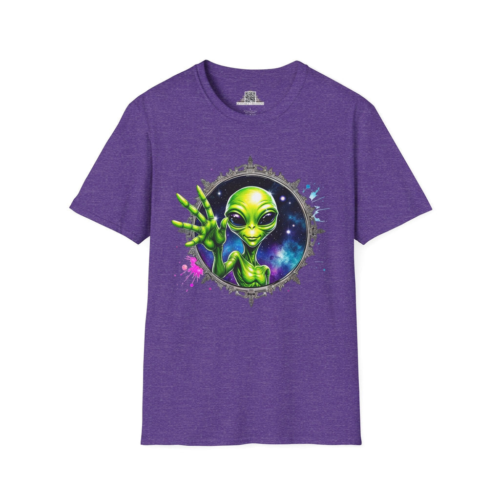 Printify T-Shirt S / Heather Purple T-Shirt - We Come in Peace and Good Vibes! - Alien & Space