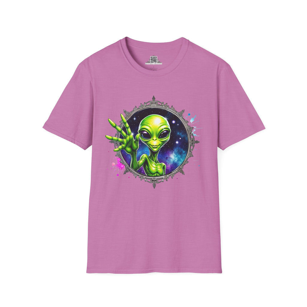 Printify T-Shirt S / Heather Radiant Orchid T-Shirt - We Come in Peace and Good Vibes! - Alien & Space