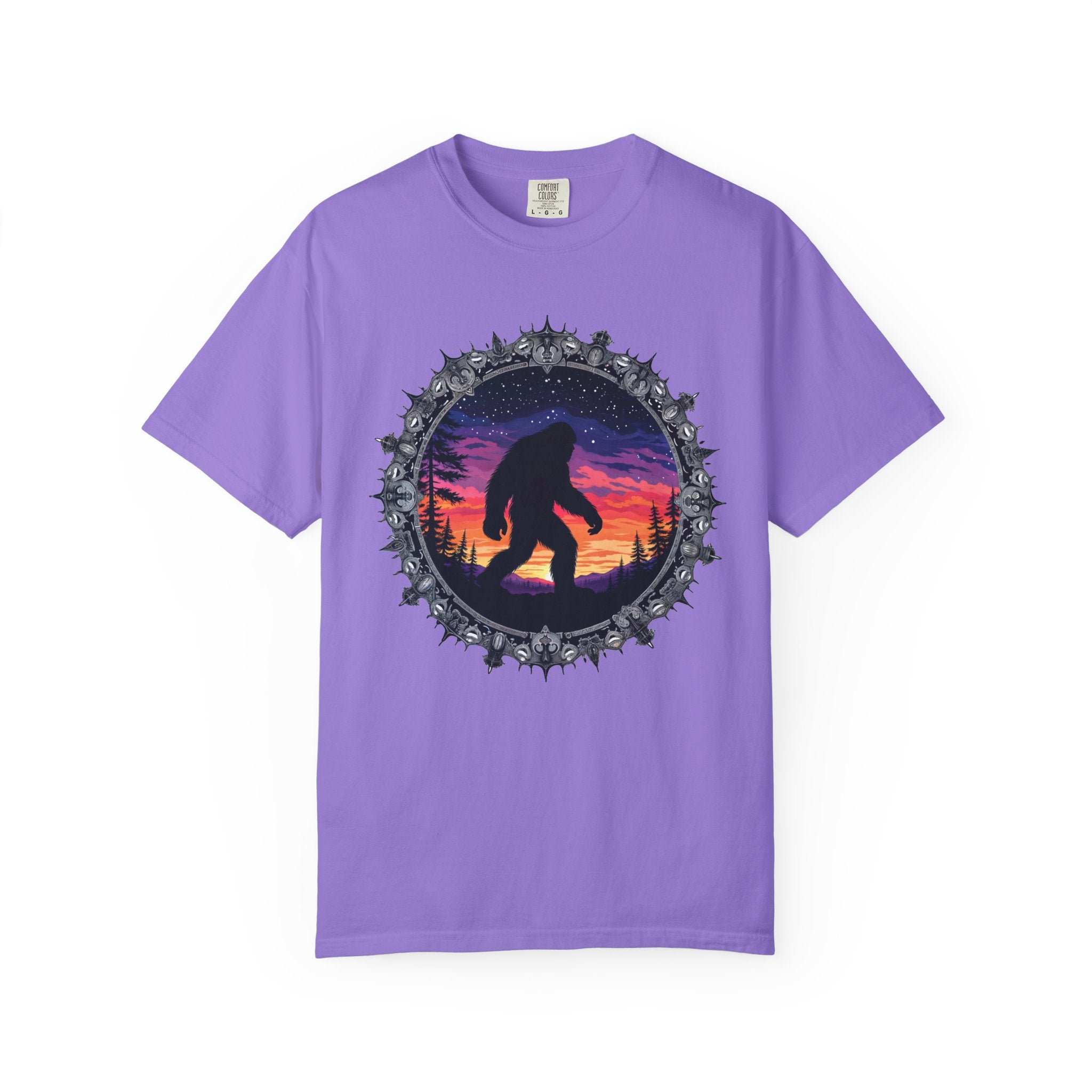 Printify T-Shirt Violet / S Bigfoot Sunset Unisex T-Shirt, Nature Lover Shirt, Camping Tee, Outdoor Adventure Top, Gift for Him/Her, Unique Graphic Tee