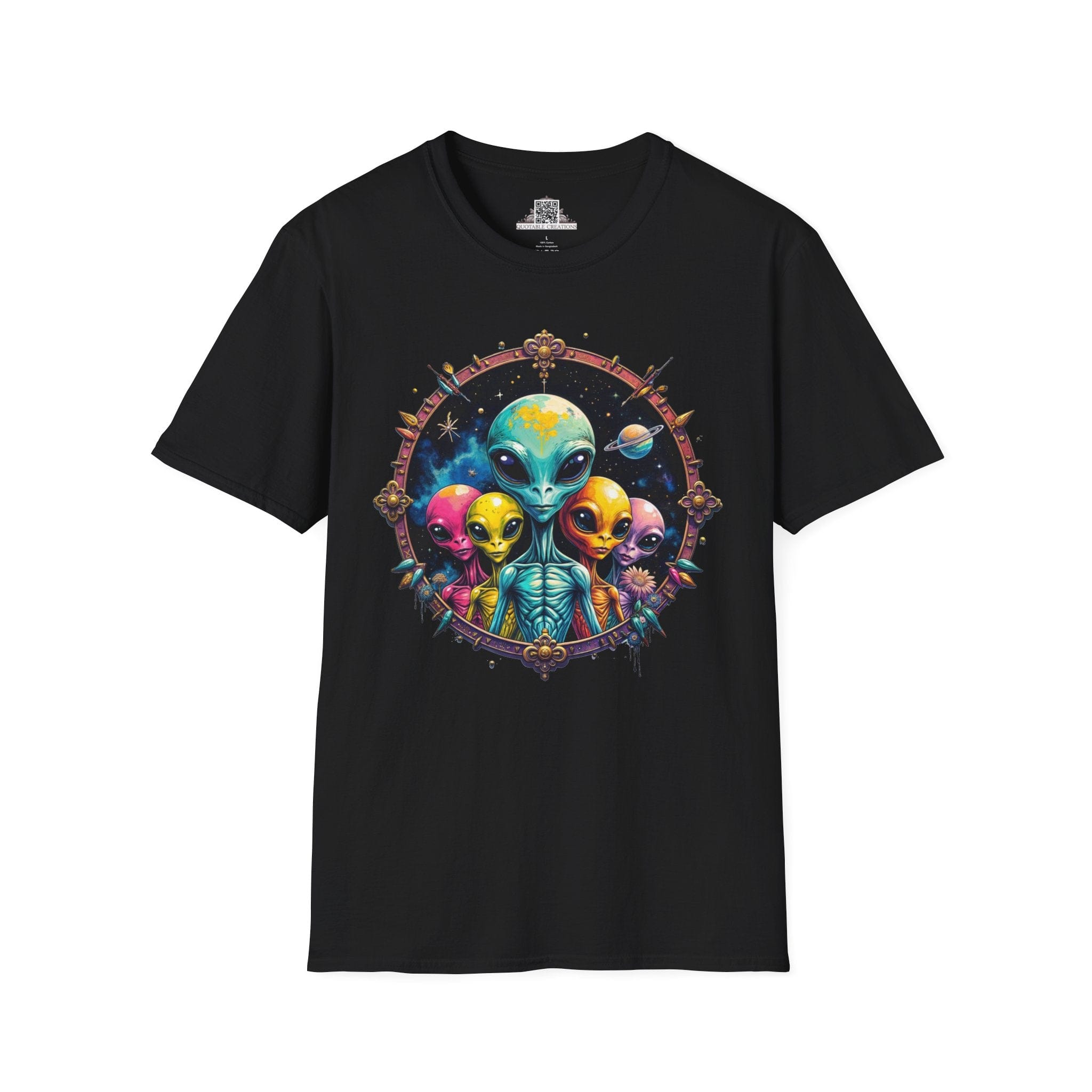 Printify T-Shirt XS / Black T-Shirt - Cosmic Beings Unite! Time for a Galaxy Celebration! - Alien & Space